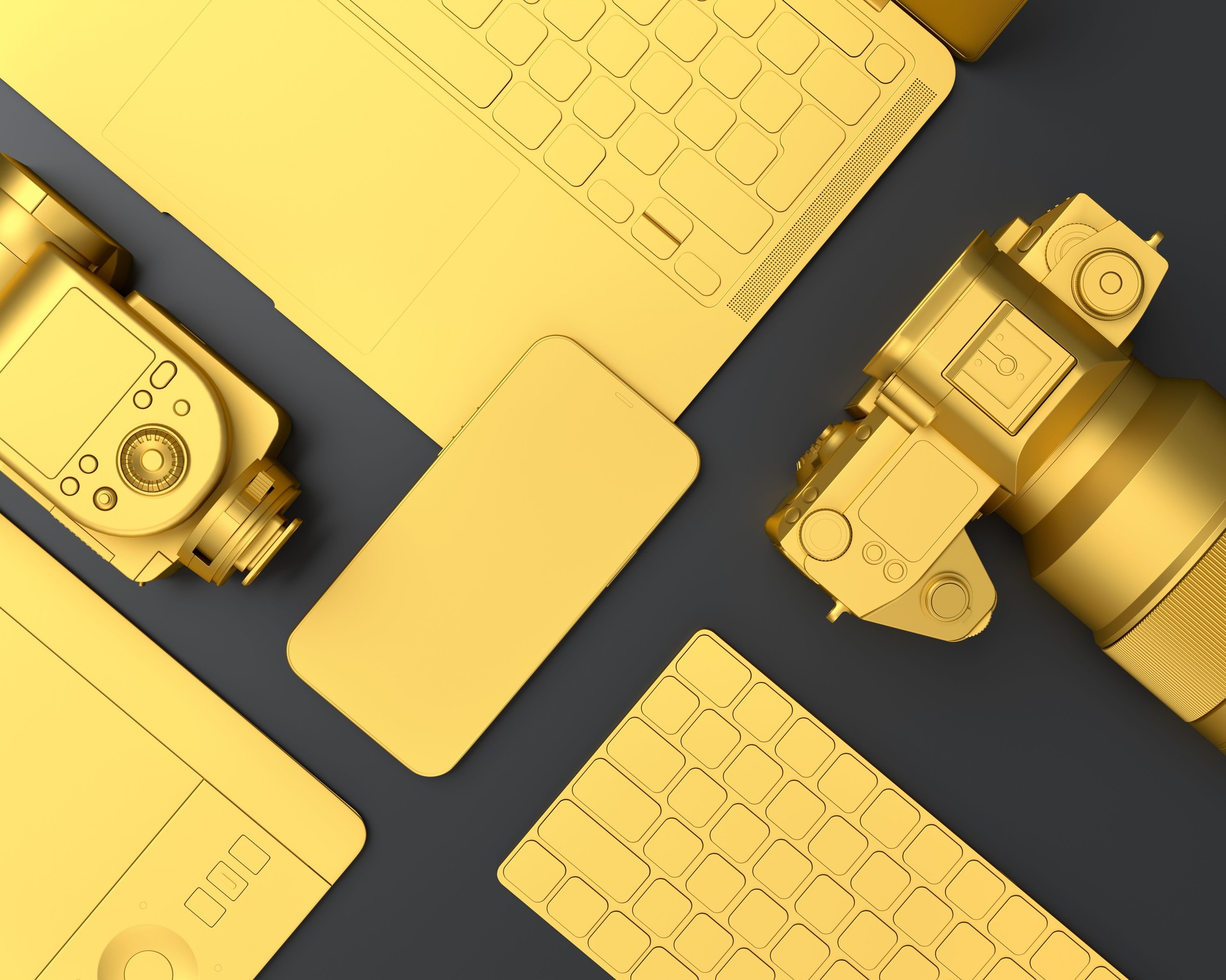 Top view of designer workspace and photography gear on black table background